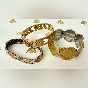 Geometric Bracelets Chevron & Diamond pattern Tri Color Metals Elastic Pull on